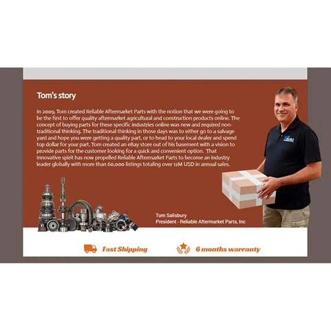 Image of a man holding a box with text about Tom's story at Reliable Aftermarket Parts, showcasing engine parts and benefits.