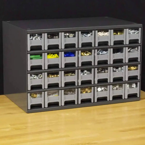 Heavy Duty Garage Storage Cabinet With 28 Drawers For Small Parts And Hardware, Built Like A Tank Steel Organizer, on workbench