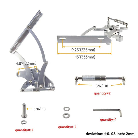 Hood Hinges Set For Ford Mustang 1971 To 1973 Beefed Up Billet CNC Aluminum components with measurements and accessories