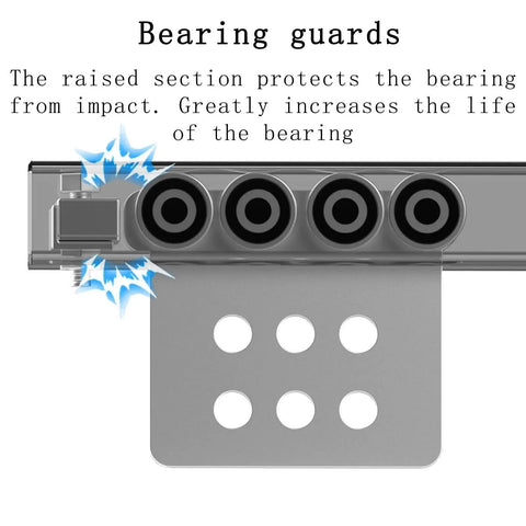 Close-up of bearing guards on eight wheel hoist trolley assembly with eight bearings, 2900 lb load capacity, for strut channel.