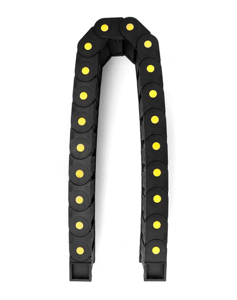 Enclosed Cable Drag Chain 25 By 77 Millimeters, 4 Pack, 1 Meter Long, showing flexible wire carrier from top view, black reinforced plastic