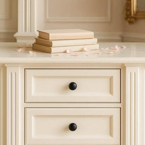 10 Pack Matte Black Cabinet Knobs For Kitchen Cabinets Round Ball Pulls With Single Hole Design Zinc Alloy Hardware installed on white drawers