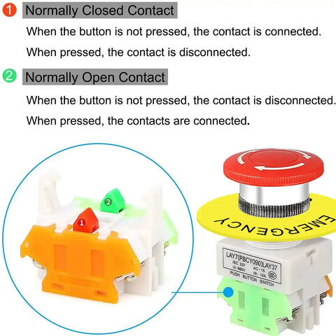Diagram of 4 Pack Latching Emergency Stop Push Button Switch Kit 22mm Panel Mount Red Mushroom Cap with contact operation details.