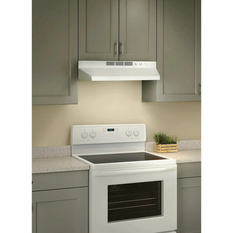 Ductless 30 Inch Range Hood Insert With LED Lighting For Under Cabinet White installed above stove.