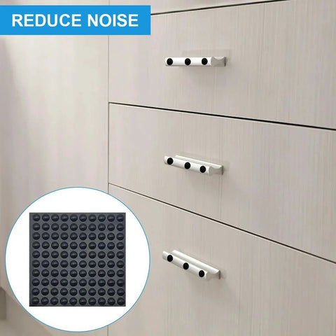 Installed Black Round Adhesive Bumper Pads 300 Pcs Combo Pack In 3 Sizes on cabinet drawers to reduce noise and protect surfaces.