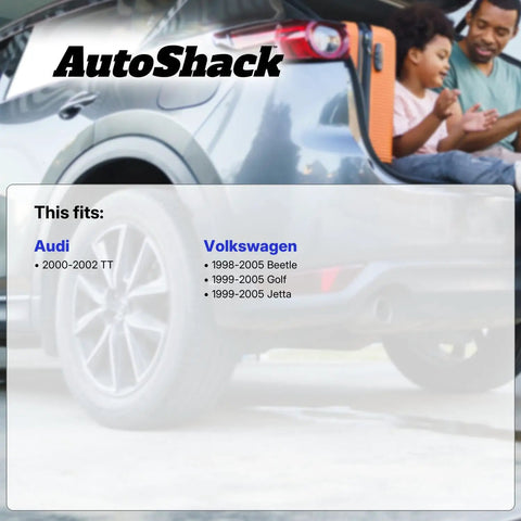 Back of a Volkswagen vehicle with a family inside, promoting compatibility with Audi TT, Volkswagen Beetle, Golf, and Jetta models.