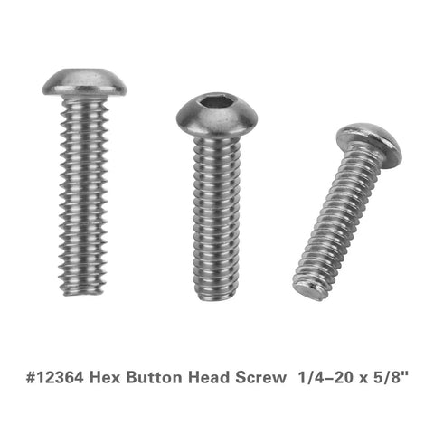 Hex button head screws 12364 for Cut-Off Flange Track Bearing Repair Kit, shown in three different angles, silver finish.