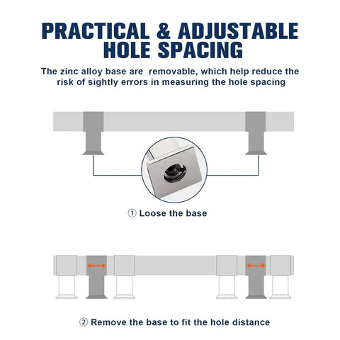 Diagram showing adjustable hole spacing for 10 Pack Modern Acrylic Cabinet Handles With Clear Square Tube And Polished Chrome Base