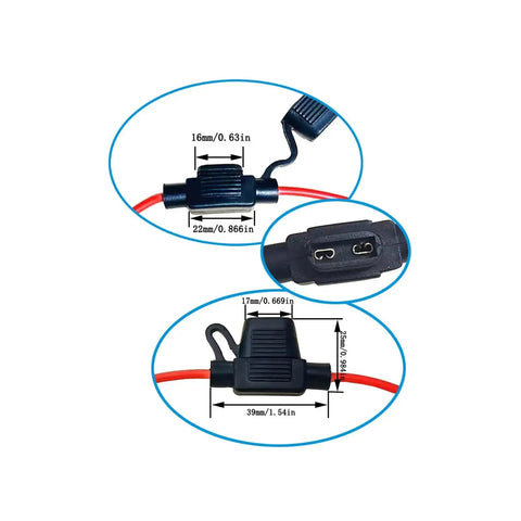 Inline 16 Gauge Fuse Holder Kit For Mini Blade Fuses with dimensions, view of connectors and wiring in the image.