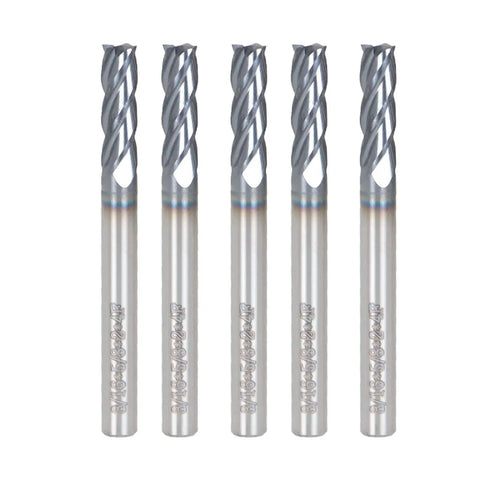 Five Pack Three Sixteenth Inch Four Flute Carbide End Mills For CNC Square Nose End Mill Bits With Straight Shank Two Inch Overall Length Three Sixteenth Inch Cutting Diameter Thirty Degree Helix Altin TiAlN Coating Tungsten Steel Durable Milling Tools