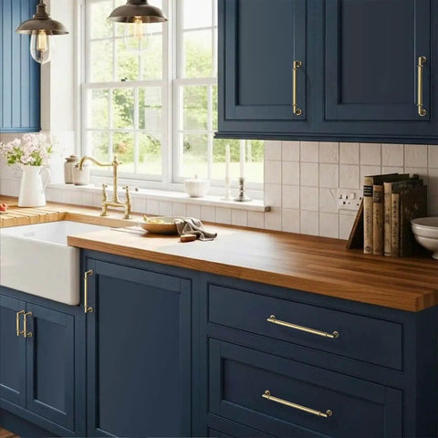 Blue kitchen cabinets with 10 Pack Champagne Bronze Cabinet Pulls For Kitchen Cabinets And Drawers, 5 Inch Hole Center, installed.