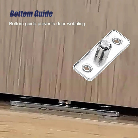 Close-up of metal floor guide from Mini Cabinet Bypass Double Sliding Barn Door Hardware Track Kit, prevents door wobbling.