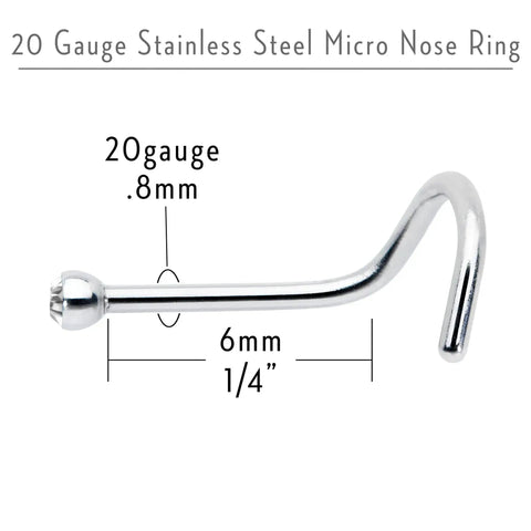 20 Gauge Nose Stud In Stainless Steel 316L With Clear Accent Micro Screw Head, 6mm Length, 0.8mm Diameter, durable nostril jewelry