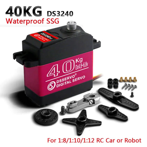 40Kg High Torque RC Servo With Metal Gear Digital HV 6.8V 180 Degree Swing for 1/8 and 1/10 scale RC cars, shown with parts