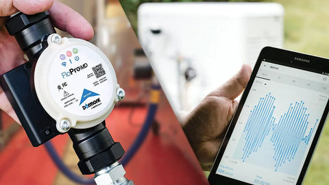 Dormont Flo-Pro MD gas flow/pressure diagnostic tool with 3/4-in NPT on pipe; Bluetooth, tablet shows real-time data