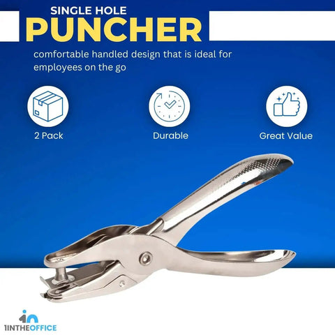 Two Pack Handy Single Hole Puncher For Paper One Quarter Inch Hole Size Durable Metal Construction Handheld Punch Tool With Easy Grip Silver Finish Budget Friendly Office Desk Essential.
