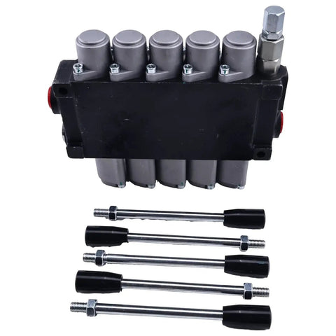 Five Spool Open Center Hydraulic Directional Valve 13 GPM 3600 PSI Double Acting with hardware and cast iron body.