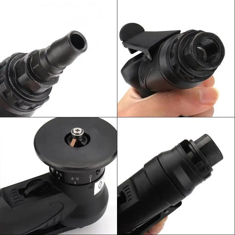 Close-up of Mini Pneumatic Chamfering Tool For Fast Metal Deburring And Beveling with 45 Degree Chamfer, showing nozzles and settings.