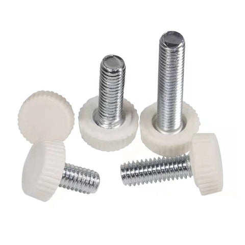 M4x18mm Knurled Thumb Screws Set Of 20, white round head, solid metal and plastic construction, for hardware and machinery projects