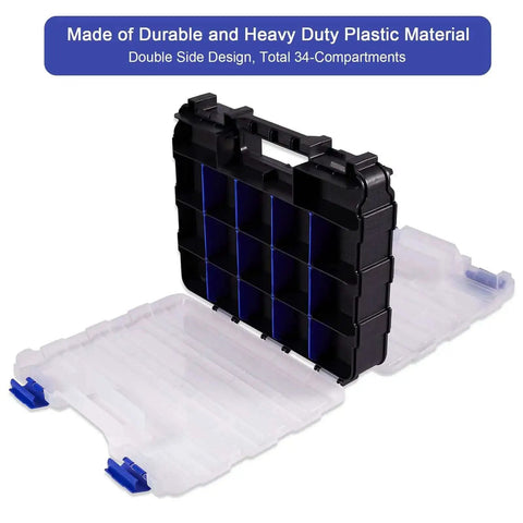 Double Side 34 Compartment Small Parts Organizer Box With Removable Dividers for screws nuts bolts nails hardware tools heavy duty storage case