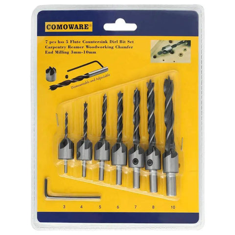 7 Piece Countersink Drill Bit Set For Wood High Speed Steel Bits With Centering Three Point Design And Five Edged Chamfer