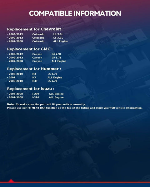 Compatibility list for Beefed-Up 12V 125Amp Alternator Upgrade showing Chevy, GMC, Hummer, Isuzu models 2007-2012 with engine specs.