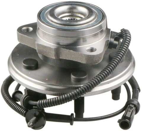 Wheel Hub And Bearing Assembly Front Left And Right 5-Lug With ABS For Ford Explorer 2002-2005 Mercury Mountaineer 2002-2005 Lincoln Aviator 2003-2005 Fits 4X4 And RWD SUVs showing assembled unit with wiring and lug studs