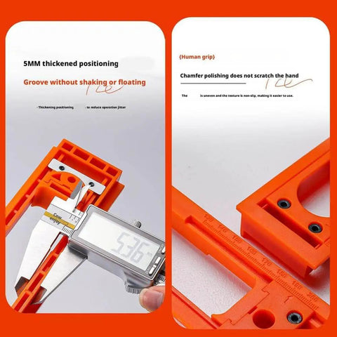 Door Hinge Jig Installation Kit with Adjustable Template and Milling Cutter, durable plastic, close-up view of measurements