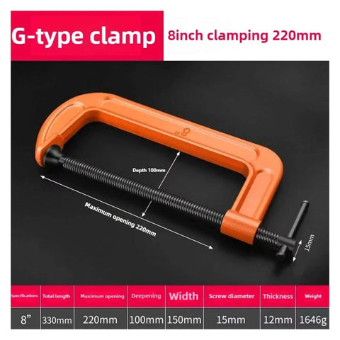 Heavy Duty Woodworking Clamp With C Clip Design For Quick Tool Chuck Panel Fastening And Stable Workholding In All Woodworking Projects 8 Inch Clamp Fixture For Pros And DIY Enthusiasts, orange G-type clamp on black background