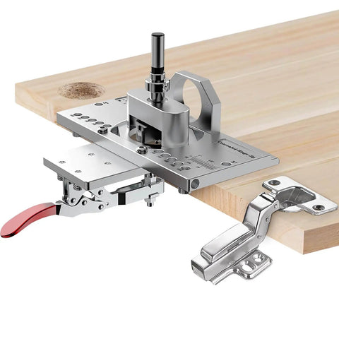 35mm Concealed Door Hinge Jig For Cabinets with Quick Clamp attached to wooden board, showing precise alignment setup.