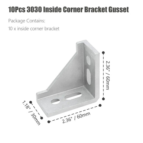 10pcs Inside Corner Bracket Gusset for 3030 Aluminum Extrusion, L Bracket Connector, 90 Degree, 60x60x30mm, Silver Aluminum Alloy