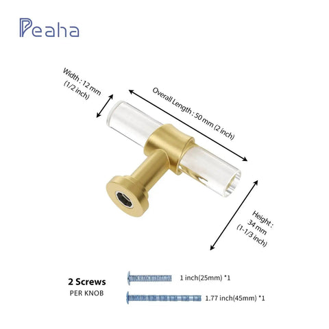 10 Pack T Shape Acrylic Cabinet Knobs With Gold Tone Zinc Alloy Bases for Dresser, 2 Inch Length, showing dimensions and screws