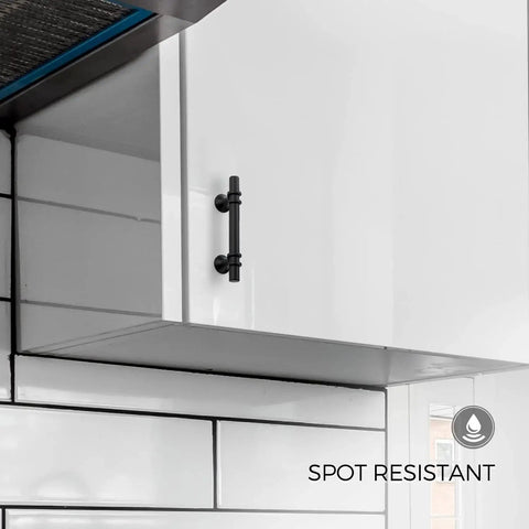 Black Cabinet Pulls 25 Pack, 3 Inch Hole Center, shown on white kitchen cabinet; rust and stain resistant design.
