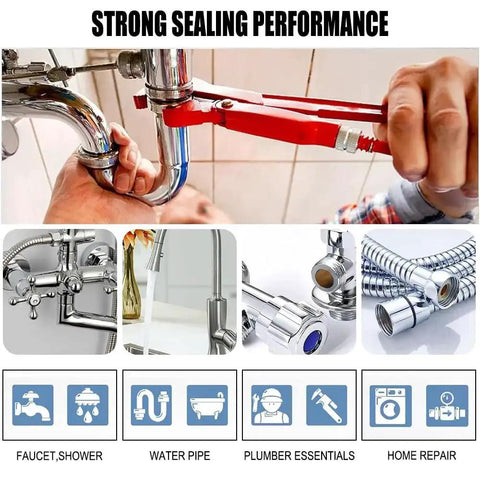 Person using wrench on faucet illustrating 4 Rolls Of 1/2 Inch By 32.8 Ft White Plumbers Tape For Pipe Thread Sealing And Leak Prevention.
