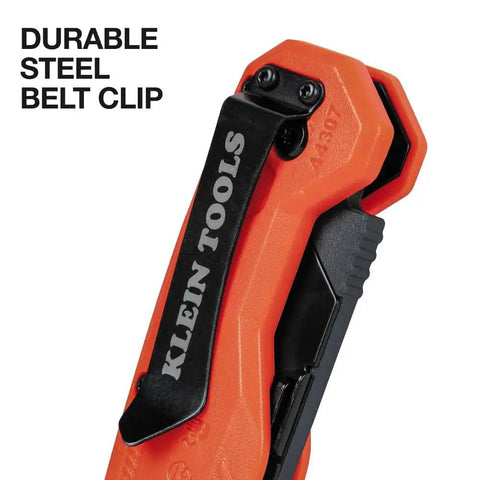Close-up of Flickblade Folding Utility Knife With Dual Locking Positions And Pocket Clip showing steel belt clip and orange handle.