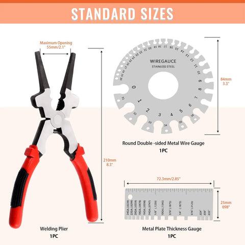All In One Mig Welding Pliers Set 8 Inch With Stainless Steel Wire Gauge And Sheet Thickness Gauge For Quick Wire Cutting Splatter Removal And Precise Measurements, showing pliers and gauges.