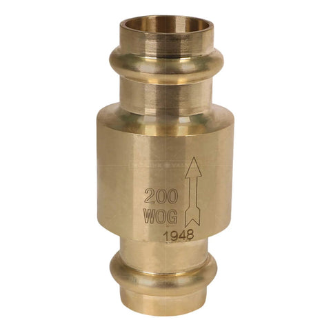 Brass inline spring-loaded check valve, 3/4 in press connections, lead-free, with flow direction arrow.