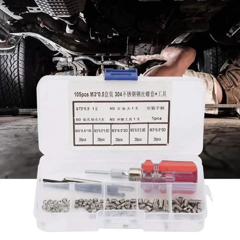 Pro Grade Stainless Steel Thread Inserts Repair Kit For Damaged Threads, Wire Insert Screws and Sleeve Set, 105-piece M3 x 0.5 box