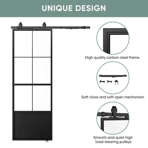 Frosted Tempered Glass Sliding Barn Door Panel With Pre Drilled Carbon Steel Frame 32 Inch By 84 Inch Includes Five And A Half Foot Hardware Kit And Soft Close Mechanism Easy Install For Modern Home Or Office Room Divider, showcasing unique design features.