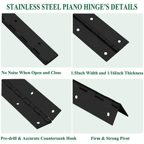 Close-up of Heavy Duty Piano Hinges 2 Pack 2 Inch Open Width 18 Inch Continuous Stainless Steel Hinges With 0.06 Inch Thick Black Finish