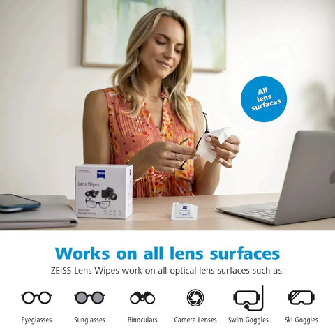 Woman using ZEISS Pre-Moistened Lens Cleaning Wipes 200 Count for glasses and sunglasses, showing versatility on various lenses.