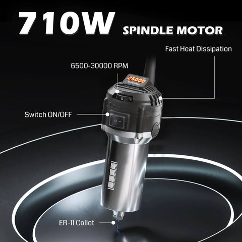 Close-up of 710W spindle motor for 3020-PRO Ultra CNC Router Machine with heat dissipation and speed settings visible.