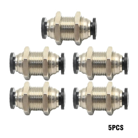 Five brass bulkhead union fittings, 6mm x 6mm push-on connectors for air and water systems (5 pcs)