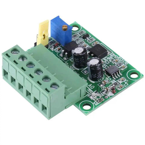 PWM To Voltage Converter Module For 0 To 10V Output showing green PCB with connectors, capacitors, trim potentiometer for CNC projects