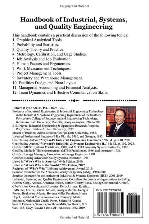 Book back cover for Handbook of Industrial, Systems, and Quality Engineering by Amazon; includes contents list and author photo.