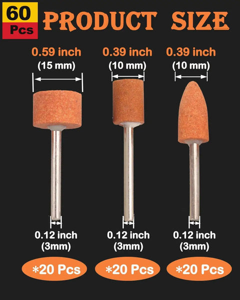 60 Pack Grinding Stone Set With One Eighth Inch Shank For Rotary Tools Aluminum Oxide Grinding Bits For Grinding Polishing Deburring Ferrous Metal Two Shapes Three Sizes For Tight Spaces Orange