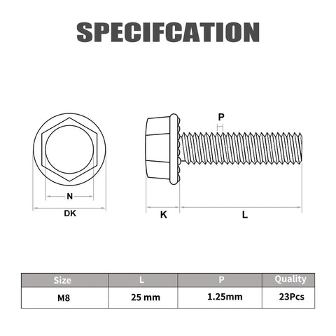 Diagram showing M8 25mm Flanged Hex Head Bolt dimensions and specifications for heavy-duty fastening use