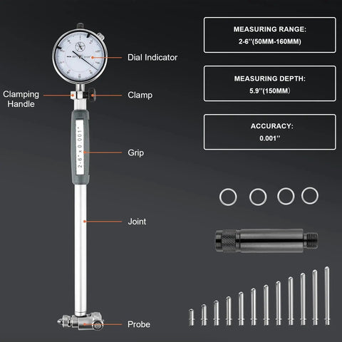 Pro Grade Bore Gauge Set 2 To 6 Inch Range With 0.001 Inch Accuracy For Engine Cylinders displayed with dial indicator and accessories.