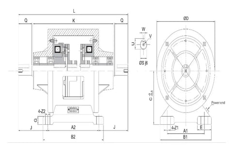 FMP-050 double-shaft magnetic powder brake and electromagnetic clutch-brake assembly; front and side views