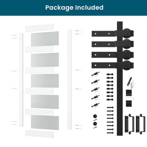 Space Saver Double Glass Barn Door Kit with 6.6 Ft Bypass Hardware, 5-Panel Frosted Glass included package components